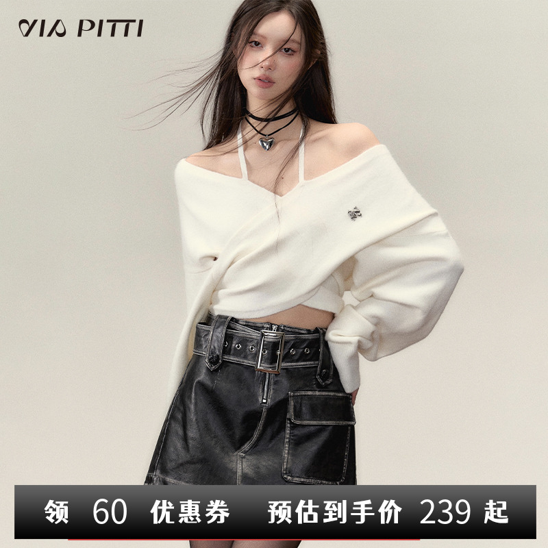 VIAPITTI ワンショルダーデザインの鎖骨ニットセーター。春と秋に着用できる小柄な女の子向け。ウールのトップスと合わせたデザイン。