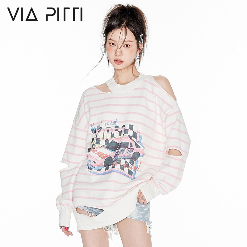 VIA PITTI racing series disrupts cutting printed striped sweater women's spring-style sweet and gentle ensemble wearing a hitch