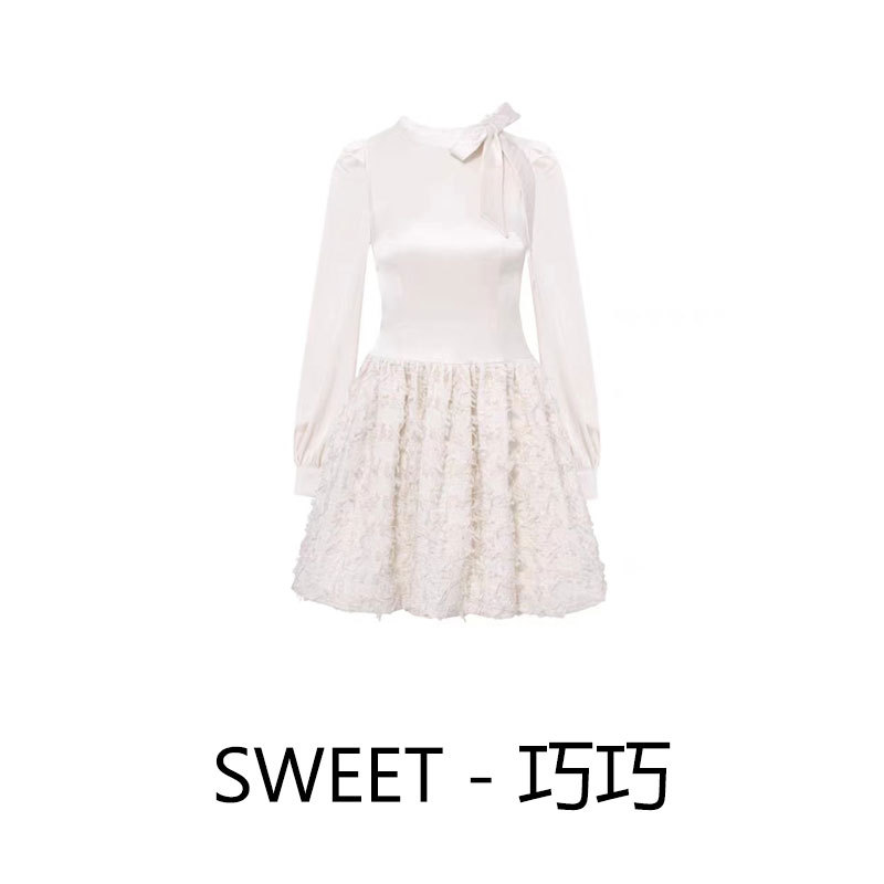 French-Style Heavy-Duty Feather Tassel Bow Dress for Women, Autumn and Winter High-End Birthday Satin Mini Dress French-Style Heavy-Duty Feather Tassel Bow Dress for Women, Autumn and Winter High-End Birthday Satin Mini Dress