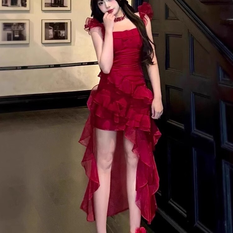 French-Style Red Rose Seaside Vacation Slip Dress New Style Petite Irregular Train Dress Gown