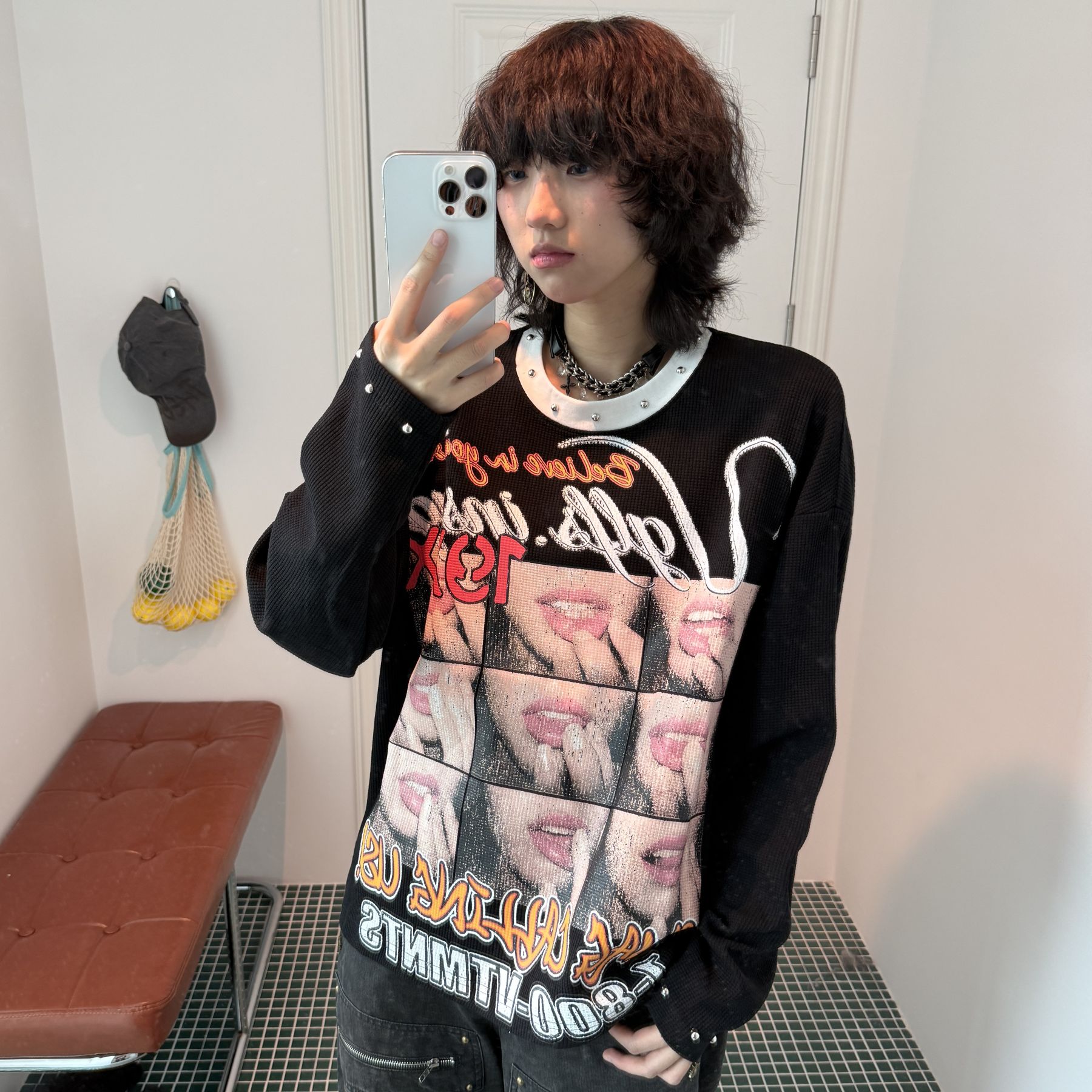 Shadow Planet Portrait Print Long-Sleeve T-Shirt for Men and Women, Trendy Niche Hip Hop Dark Studded Craftsmanship, Waffle Knit Long T-Shirt