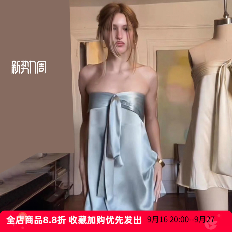 Square and Round Pleated Bow Tube Top Dress for Women, Summer Fashion, Blue Satin, Stunning Mini Dress Square and Round Pleated Bow Tube Top Dress for Women, Summer Fashion, Blue Satin, Stunning Mini Dress