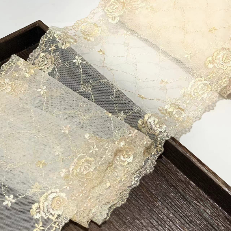 Japanese-Style Off-White Light Champagne Pink Vintage Double-Sided Rose Heavy Embroidery Mesh Lace Trim F004