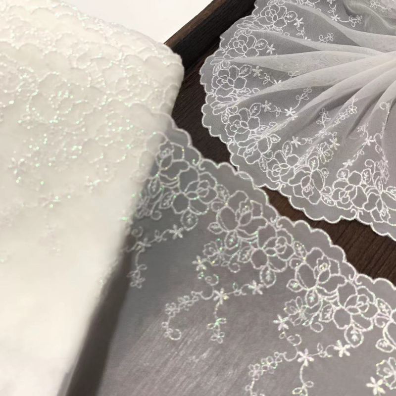 Japanese Vintage White Iridescent Shiny Rose Vine Embroidery Mesh Lace Trim Decorative Material Design D027