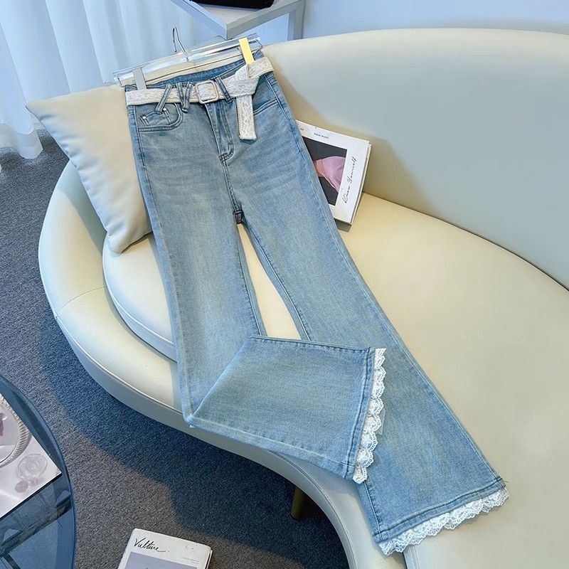 High-Waisted Slimming Lace Trim Flared Jeans for Women 2026 Summer New Popular Stretchy Bootcut Pants