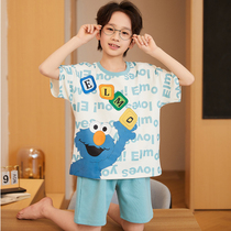 Childrens boys pajamas summer pure cotton thin short-sleeved cotton summer boys middle and older childrens new home clothes set