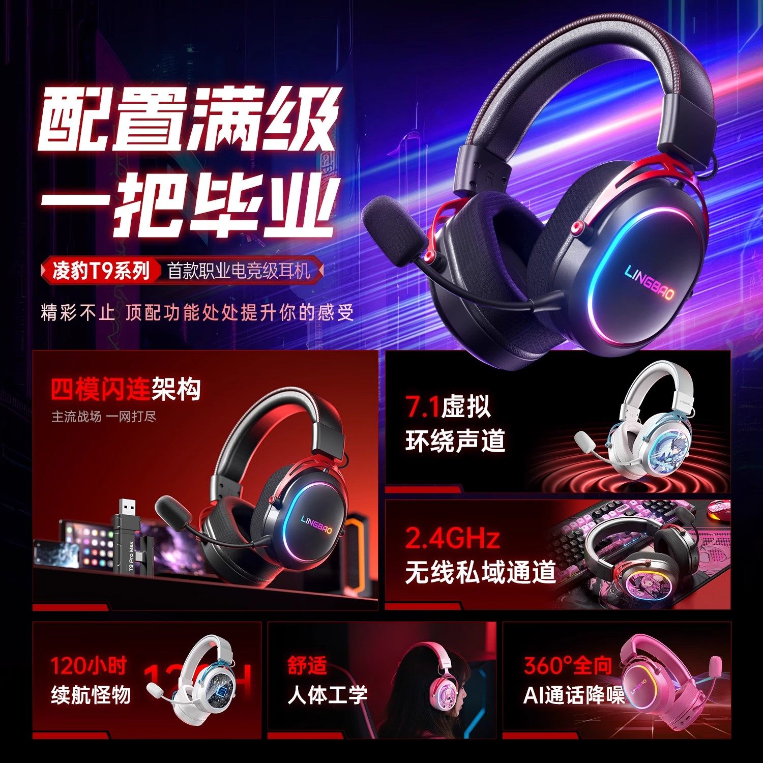 Lingbao T9 E-Sports Wireless Headset Head-Mounted Wired Bluetooth with Microphone Cs Gaming Desktop Computer Notebook