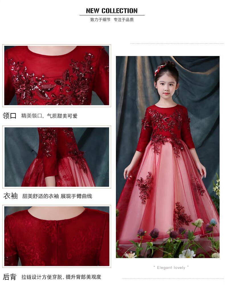 Cô gái mặc váy dài công chúa đầm trẻ em catwalk tổ chức trang phục hoa cô gái váy dạ hội dài tay mùa thu đông váy trẻ em hàn quốc