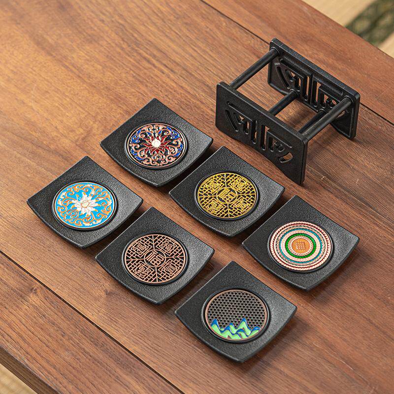 中国茶道コースター、正方形エナメル製ティーカップホルダー、家庭用、滑り止め・断熱マット（茶卓用）、6枚セット