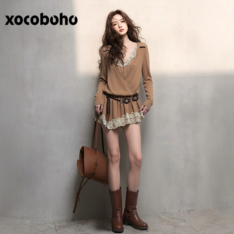 2026 Spring French-Style Miu Miu-Inspired Outfit with Korean Elegance, Fashionable and High-End Coffee-Colored Patchwork Dress