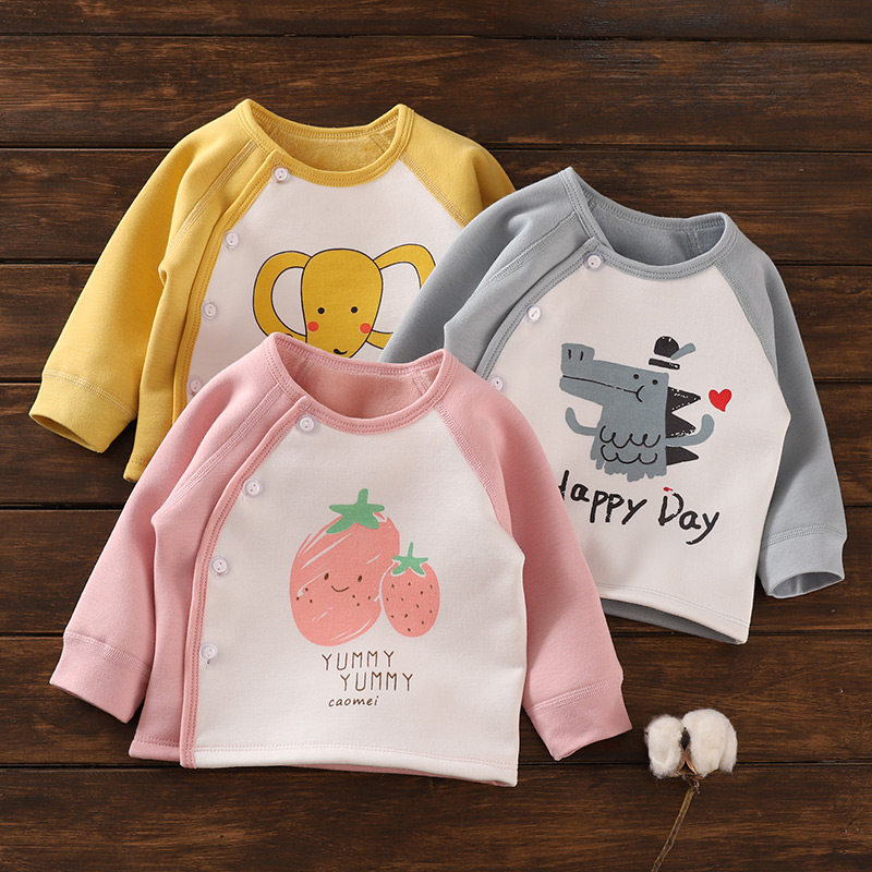 Newborn infants and young children boneless plus fleece thermal tops men's and women's autumn and winter side-breasted single-breasted bottoming underwear