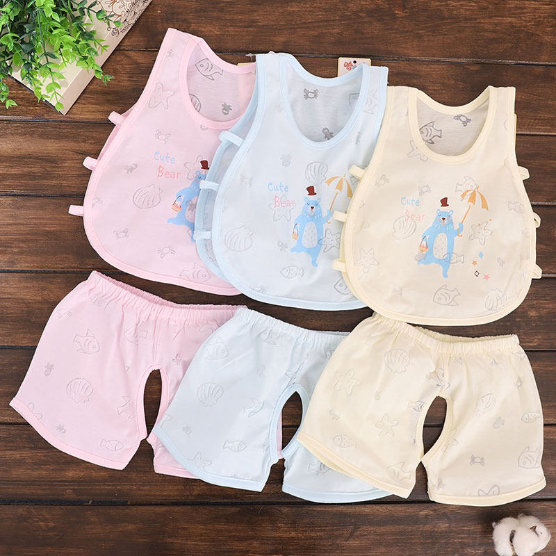 Baby summer thin cotton breathable pipa suit open crotch pants 2-piece baby boneless cool sleeveless suit