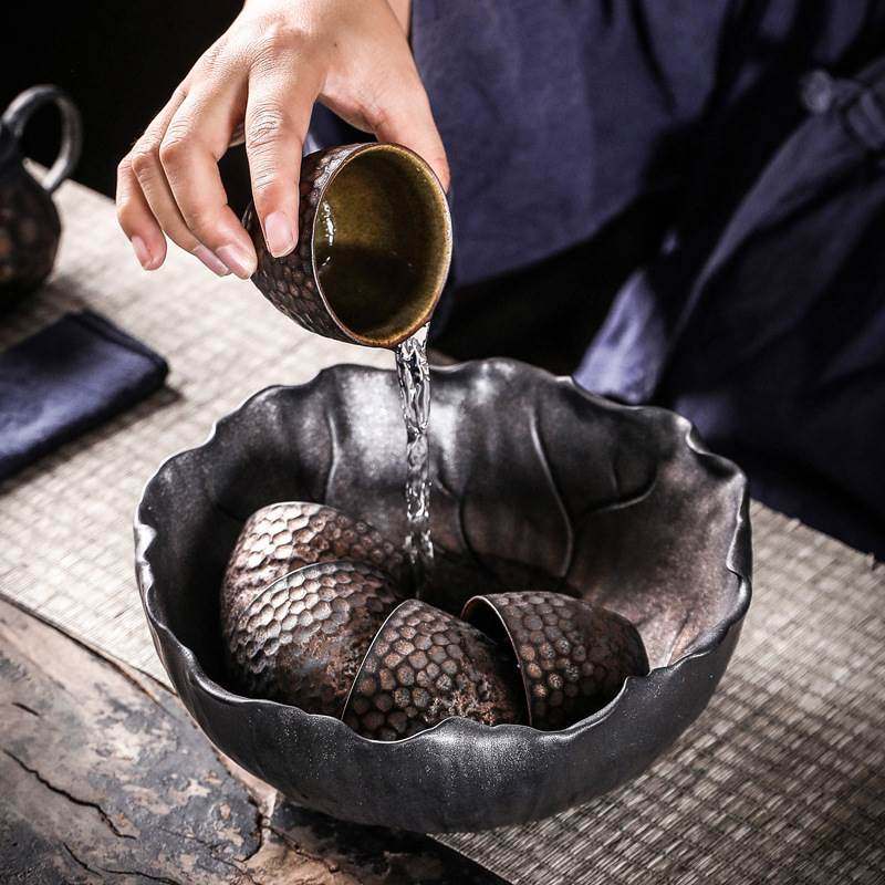 Day-style golden iron glazed lotus leaf tea wash large number of ceramic cups washed and washed tea residue barrel spittoon tea road accessories-Taobao