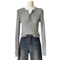 Korean Fashion Henley Sweater Tops Autumn Heather Grey S