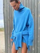 Womens Winter Thick Warm Knitted Blue Sweater Oversize