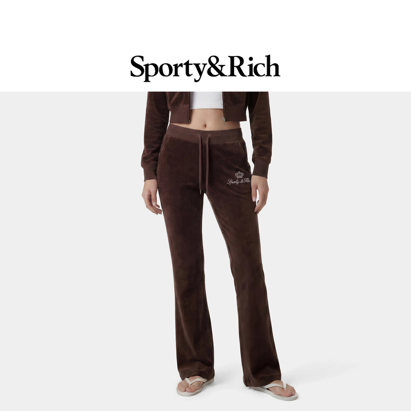【Sports Fashion】Sporty & Rich X Juicy 26Ss Collaboration Crown Rhinestone Flared Pants