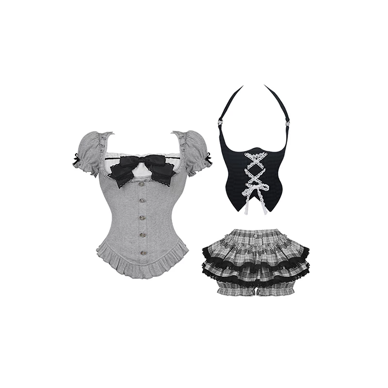 Girls' Coconut [Light Goth] Moonlight Code Words Gray Knitted Short Sleeve + Black Waist Cover + Checkered Cake Skirt