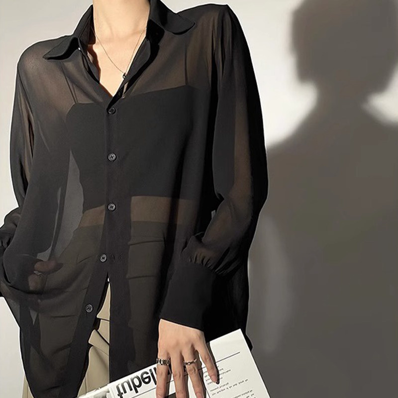 レディース ブラック テンセル 日焼け防止シャツ、夏用薄手スタイル、小柄向け、軽量アイスシルクブラウス、長袖シフォントップ。