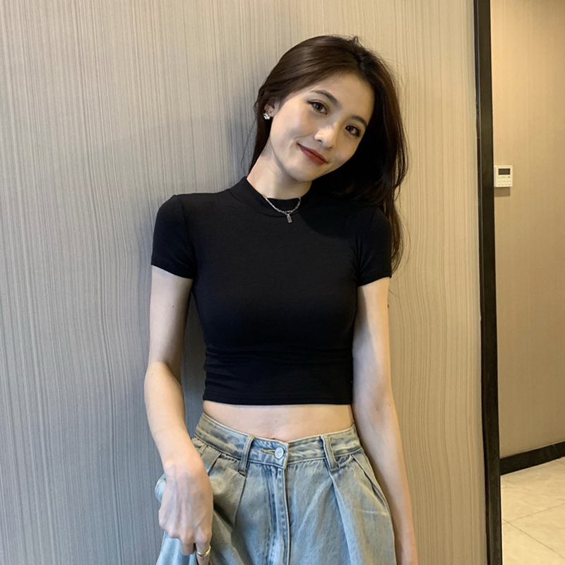 Black Regular Shoulder Half-High Collar Short-Sleeve T-Shirt for Women, 2026 New Summer Slim-Fit Petite Height-Enhancing Short Top