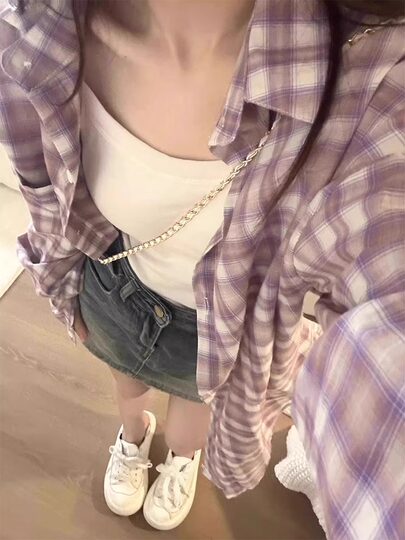 Purple Plaid Shirt Jacket Women's Summer Small Sun Protection Shirt with Cardigan Lazy Mid-Length Top