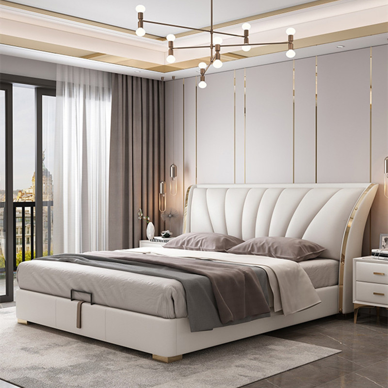 Light luxury leather bed solid wood modern minimalist master bedroom bed 1 8 meters head layer cowhide net red model atmospheric Italian style wedding bed