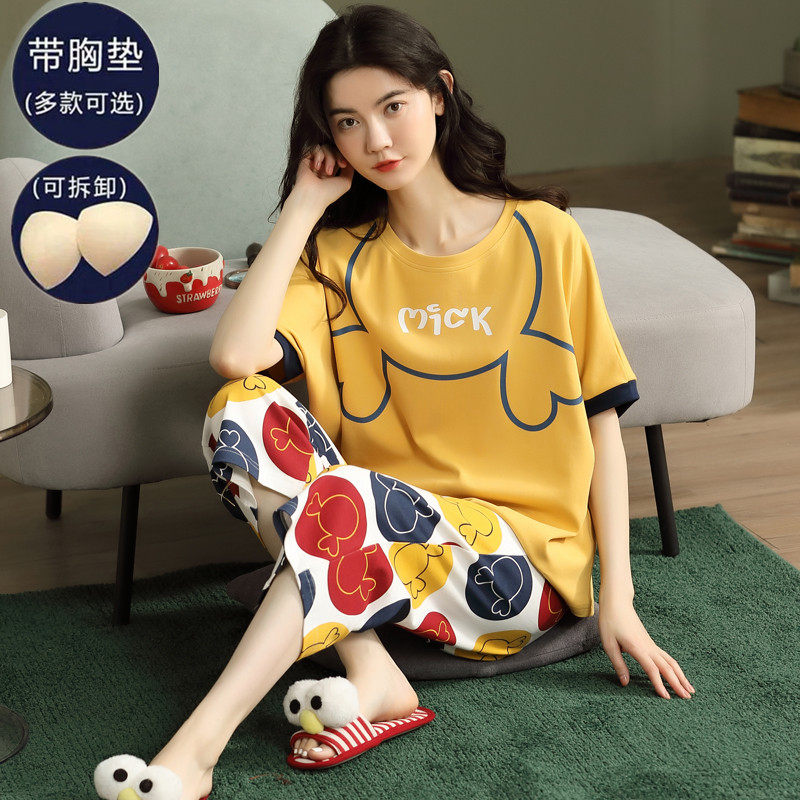 Cat Man Finten Summer with chest cushion Sleeping Woman Pure Cotton Short Sleeve Cute Seven-Pants Suit Thin student Youth Spring-Taobao
