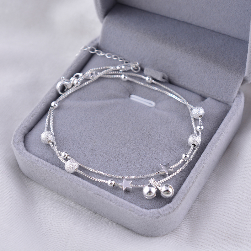 Pure Silver Double-Layer Star Bell Anklet for Women, 2023 New High-End Light Luxury Anklet, Niche ins Trendy Engraved Design