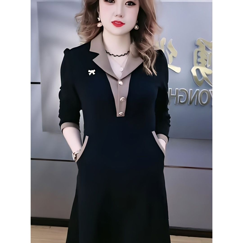 High-End Elegant Patchwork Mid-Length Dress for Women, 2025 Autumn New Style, Slimming Long-Sleeved Black Dress for Mothers