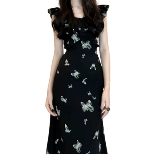 Гаечный ключ, летний черный корсет, длинная юбка, изысканный стиль, французский стиль, цветочный принт, подходит для подростков