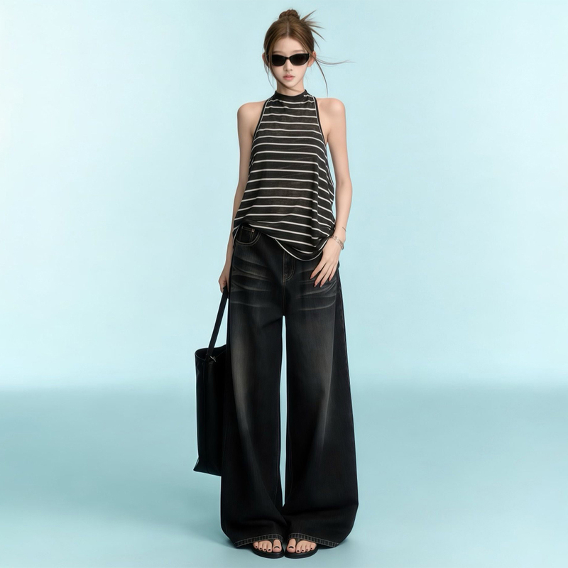 American-Style Spicy Girl Striped Sleeveless Tank Top and Denim Wide-Leg Pants Set for Women, 2026 New Summer Outfit Complete Set