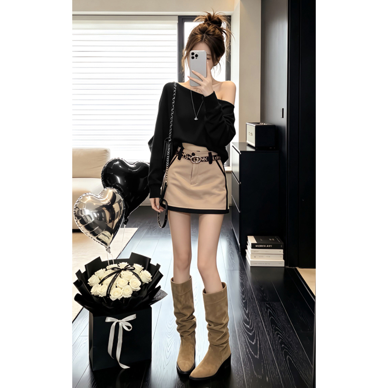 2026 Super Trendy Black One-Shoulder Top and Short Skirt Set Dress for Women Early Autumn New Korean Style Spicy Girl Outfit 2026 Super Trendy Black One-Shoulder Top and Short Skirt Set Dress for Women Early Autumn New Korean Style Spicy Girl Outfit