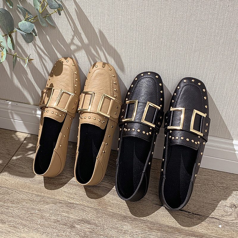 Japanese Beans Shoes Women 2022 Spring new Inn Wind Shoes Small Leather Shoes Women Flat Bottom Single Shoes Rivets Lefu Shoes Children