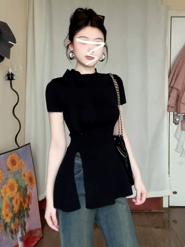 Черная летняя сексуальная футболка с коротким рукавом, французский стиль, по фигуре