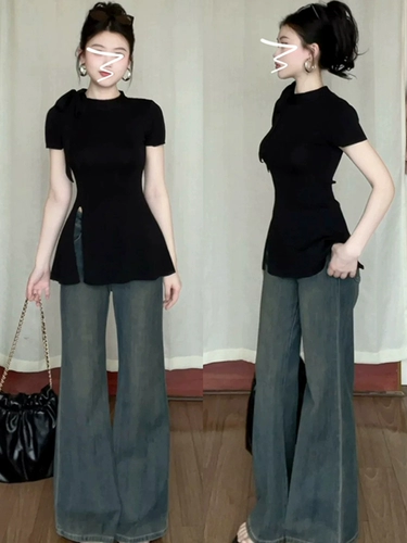 Черная летняя сексуальная футболка с коротким рукавом, французский стиль, по фигуре