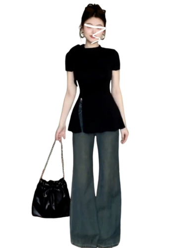 Черная летняя сексуальная футболка с коротким рукавом, французский стиль, по фигуре