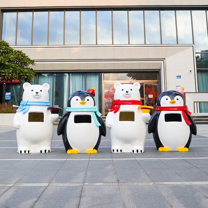 Trash Can for Outdoor Public Places, Parks, and Scenic Spots, Cartoon Penguin Ornament, Fruit Peel Bin with Ashtray
