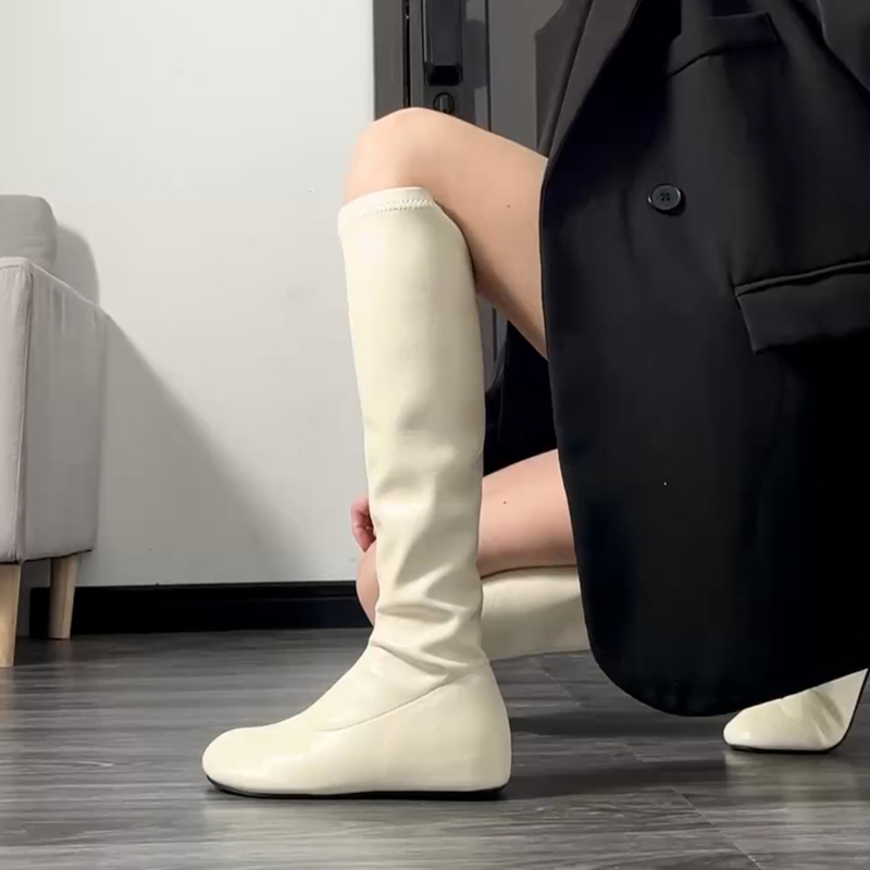 Sheepskin! French-Style Flat White Boots, Long Boots That Don'T Reach the Knee, Women's 2025 New Autumn and Winter Tall and Slim Boots