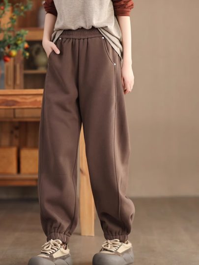 美拉德休闲裤女冬季新款裤子复古加厚保暖哈伦裤美式大码束脚长裤