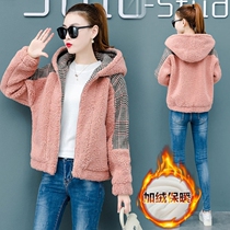 Coat womens autumn and winter imitation lamb wool Korean version large size loose new thickened plus velvet warm cardigan sweater womens hooded