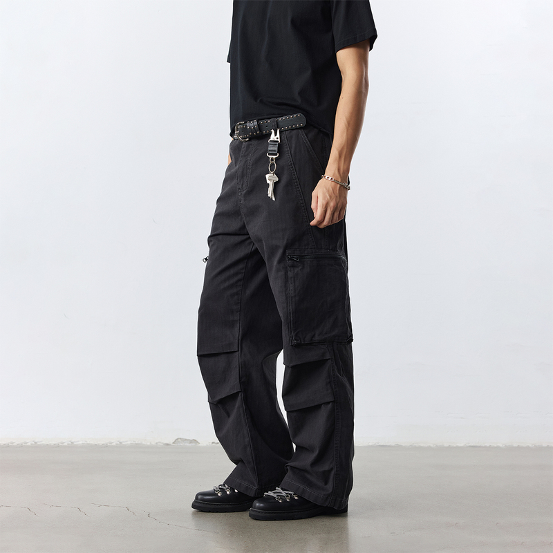 Ntalk Dark Gray Tone Trousers with Double-Layered Pleated Design on the Legs, Dark High-End Style Wide-Leg Workwear Pants Ntalk Dark Gray Tone Trousers with Double-Layered Pleated Design on the Legs, Dark High-End Style Wide-Leg Workwear Pants