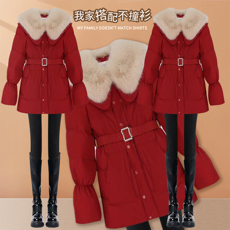 Small fragrant wind fur collar collection waist down suede woman 2023 autumn winter new New Year Christmas red thickened cotton clothes jacket woman-Taobao