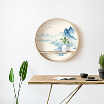 Living Room Entrance Wall Decoration Round Decoration Tea Room Background Wall Decoration Hanging New Chinese Solid Wood Shelf