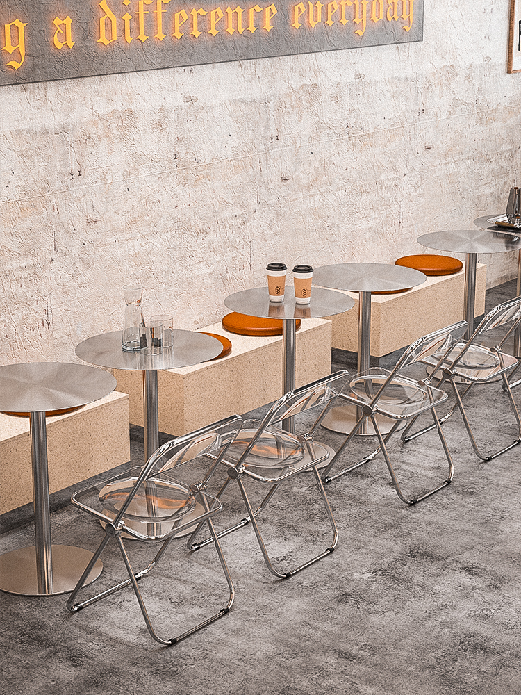 Industrial style stainless steel round table dining barbecue shop hamburger snack milk tea shop table and chair combination acrylic folding chair