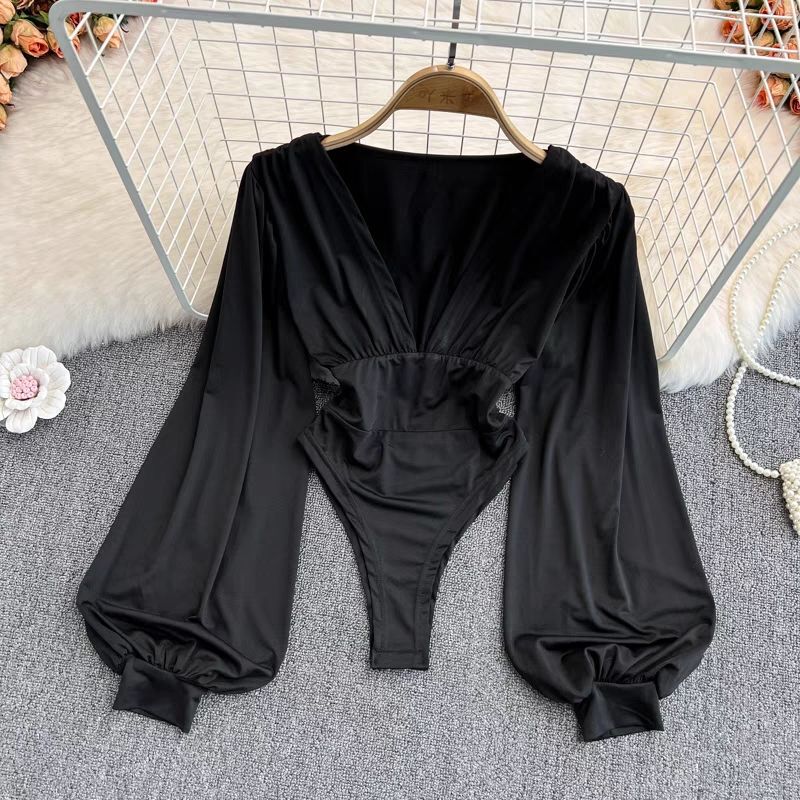 Plus Size 150kg Sexy Hot Girl Style Deep V-Neck Bodysuit for Women, Slim Fit T-Shirt, Pure Desire Base Top