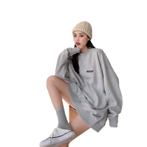 Autumn and winter hoodless plus velvet sweatshirt for women 2023 new loose bf lazy style mid-length gray round neck thin style to keep warm