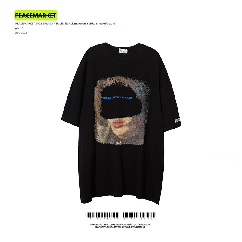 PEACEMARKET vintage portrait print short-sleeved T-shirt loose men and women Yabi style dark hip-hop clothes