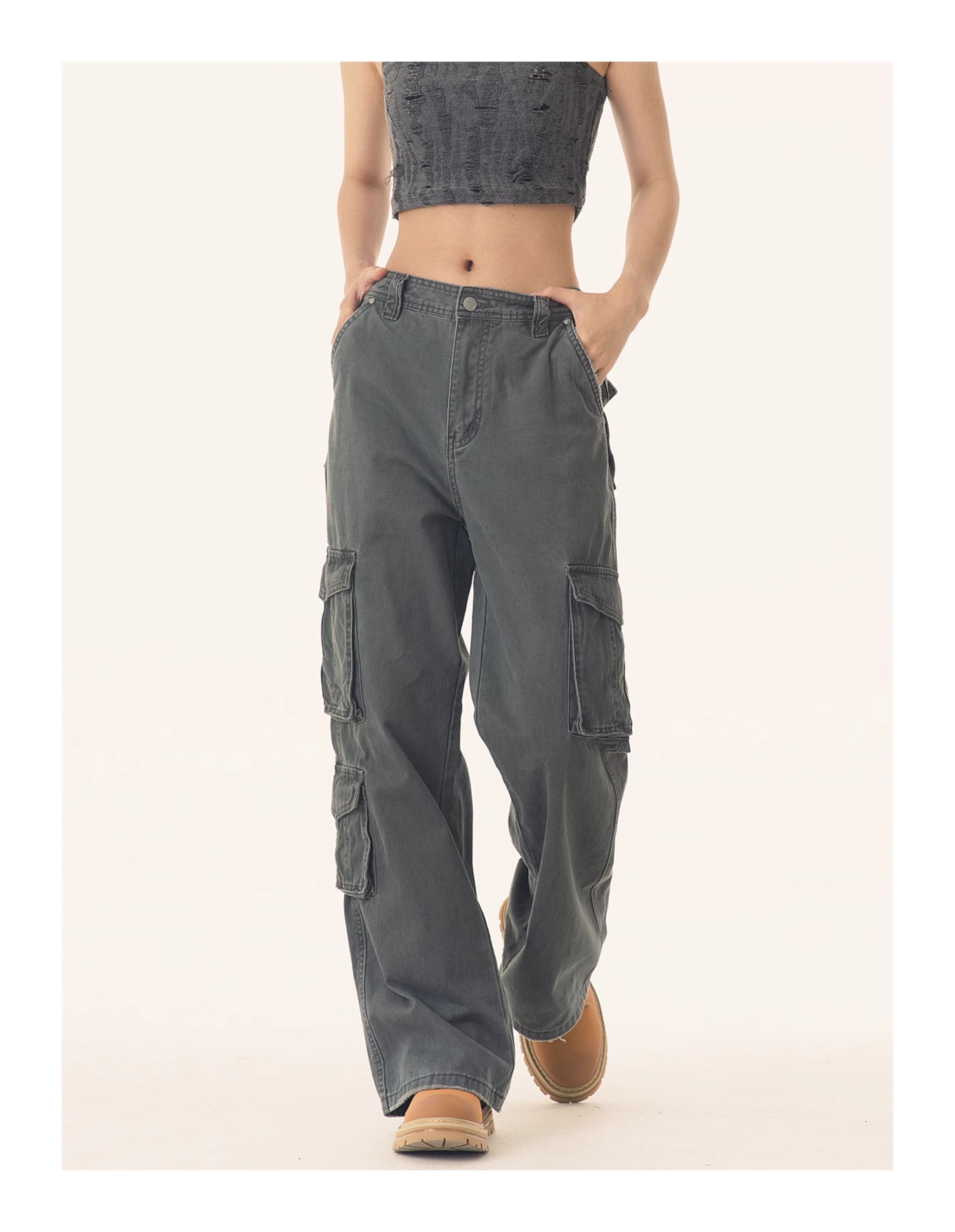PEACEMARKET Autumn Winter Melad Washed Vintage Cargo Pants For Women Petite Tall Loose Jeans_voghion.com