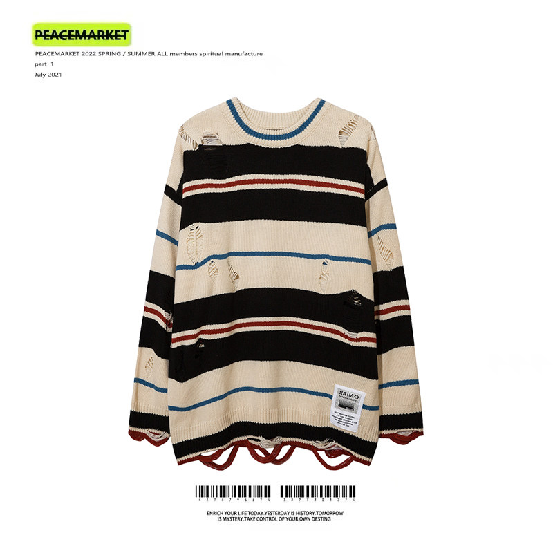 PEACEMARKET high street lazy wind striped hole sweater men and women oversize retro round neck sweater