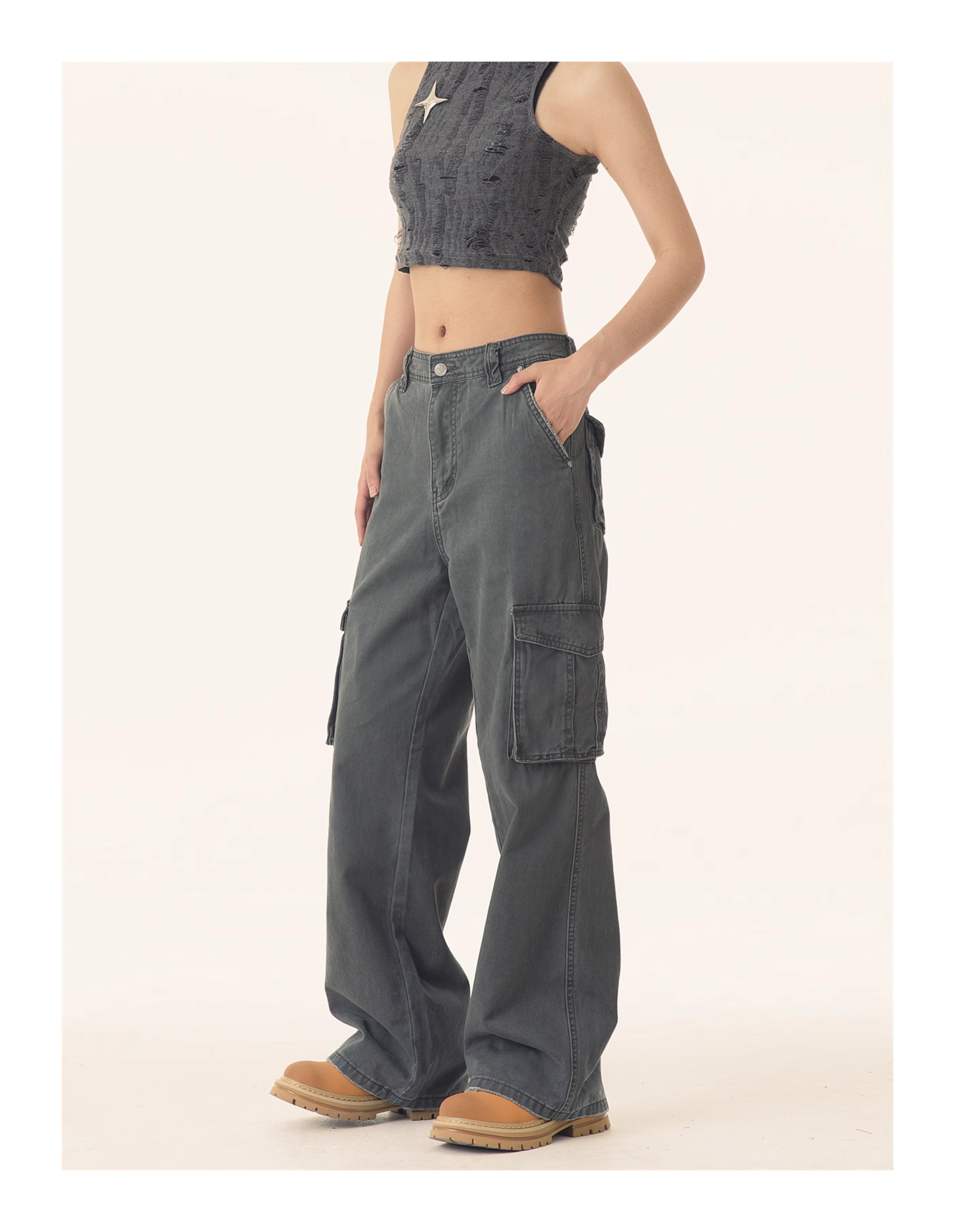 PEACEMARKET Autumn Winter Melad Washed Vintage Cargo Pants For Women Petite Tall Loose Jeans_voghion.com