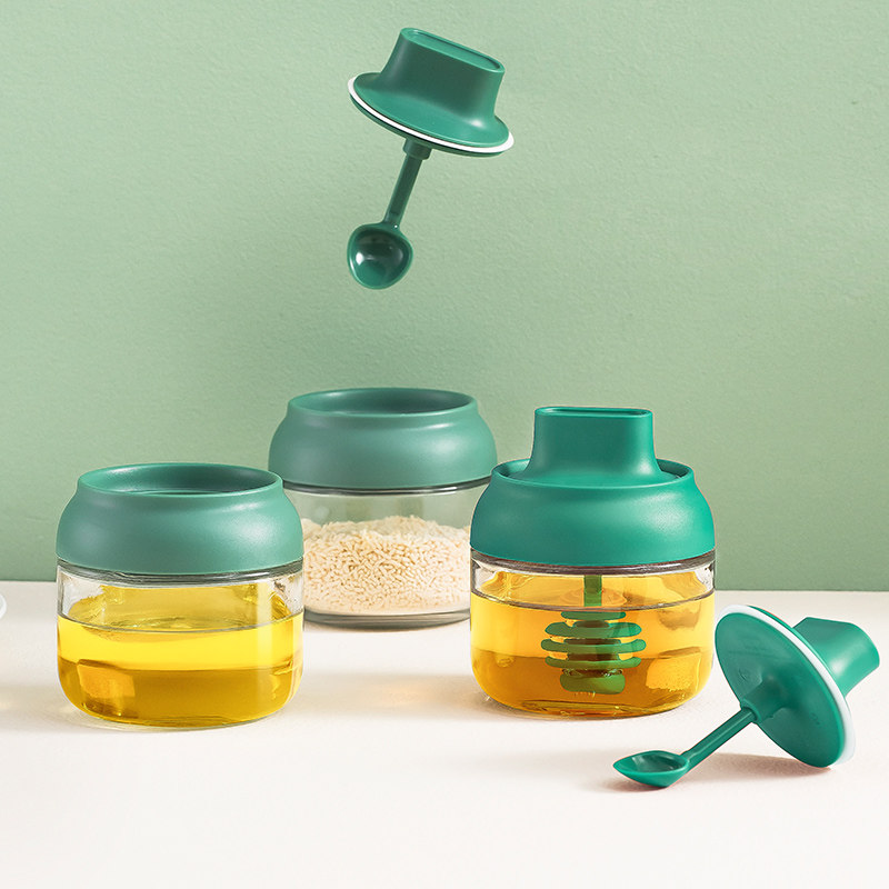 Kitchen seasoning jar spoon cover one-piece transparent oil pot sealed dust-proof household lidded soy sauce vinegar seasoning bottle set